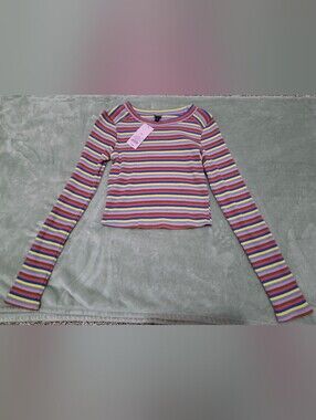 Wild Fable Striped Multicolor Ribbed Long-Sleeve Crop Top